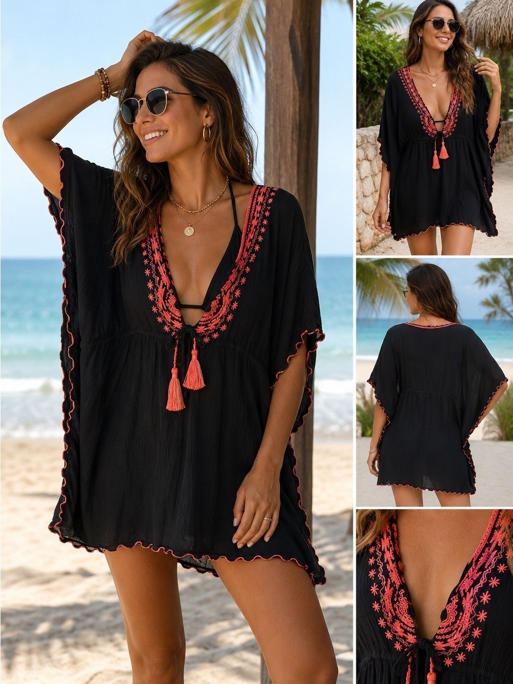 OP Ocean Pacific Embroidered Swim Cover Up Black Pink Caftan Tassel Tie L 11-13